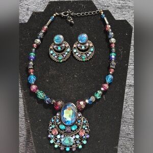 Multicolor Crystal Statement Necklace & Earring Set